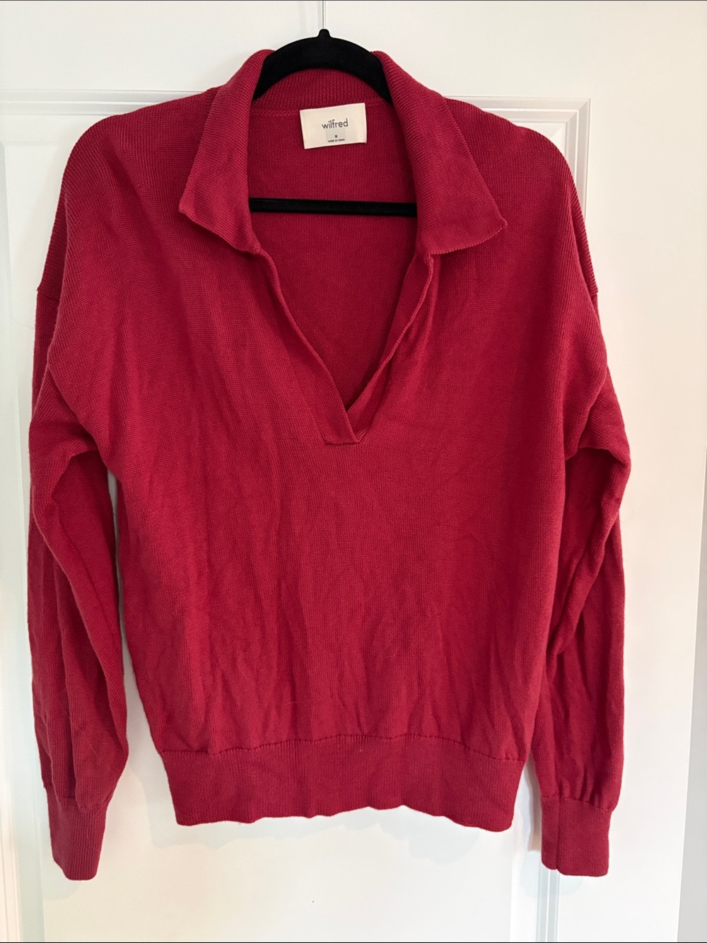 Wilfred Rose Red Collared V-Neck Pullover Sweater 100% Merino Wool